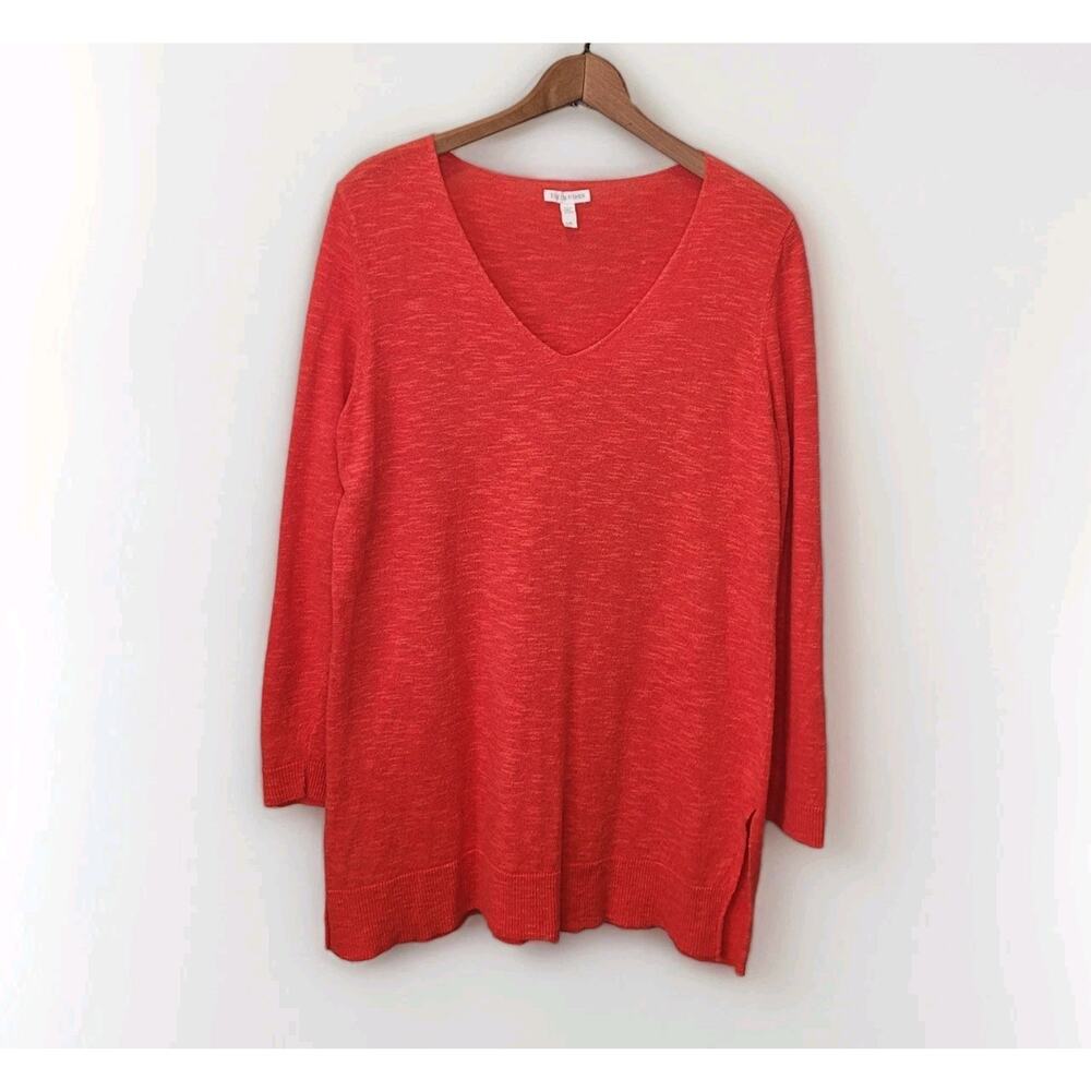 Eileen Fisher Organic Cotton Linen Orange V Neck Tunic Sweater Large Sustainable
